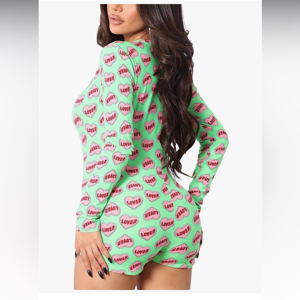 Green Heart Candy Print Long Sleeve Romper Sexy Lounge One Piece Bodycon - Picture 4 of 5